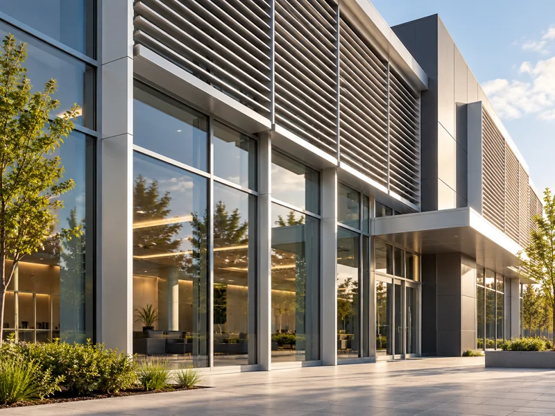 Aluminum curtain wall and architectural louvers — AI-generated illustration