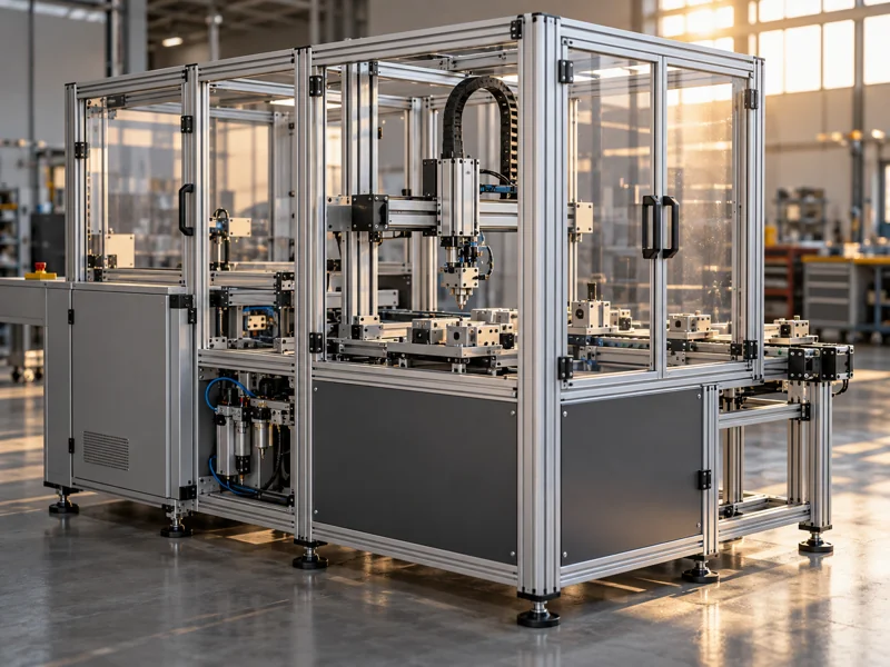Industrial automation equipment with aluminum frames — AI-generated illustration